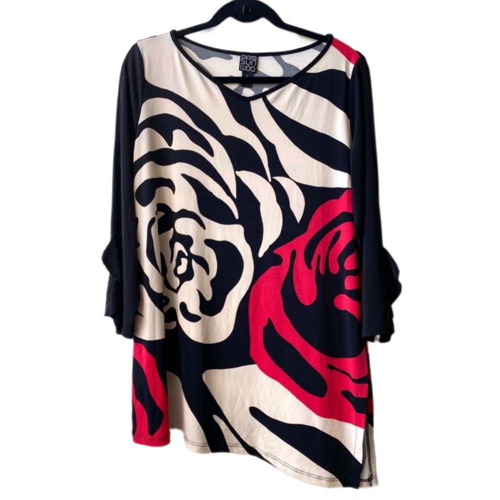 CLARA SUNWOO Floral Black & Red Blouse Tunic Top Ruffled 3/4 Sleeves, large